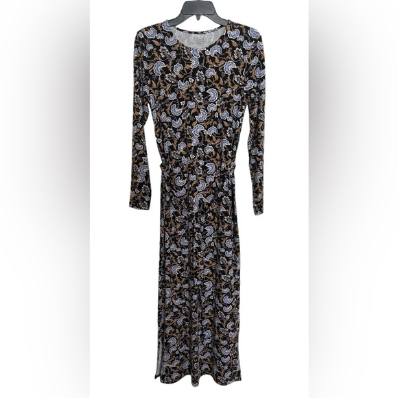 NWT Garnet Hill Linden Knit Dress Long Sleeve Tencel Floral Tie Waist Maxi Sz S - Picture 1 of 16